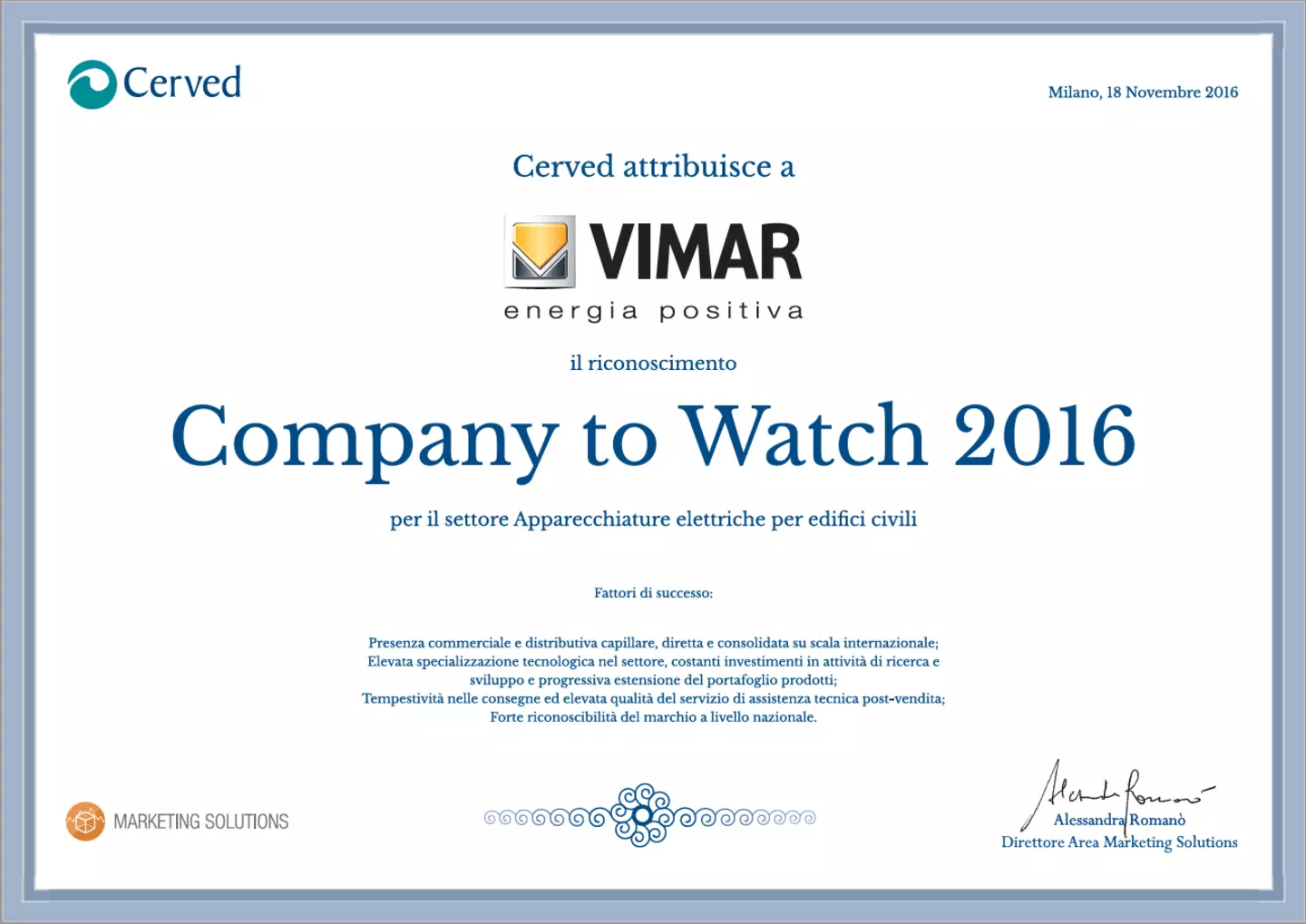 Vimar riconoscimento Company to Watch 2016