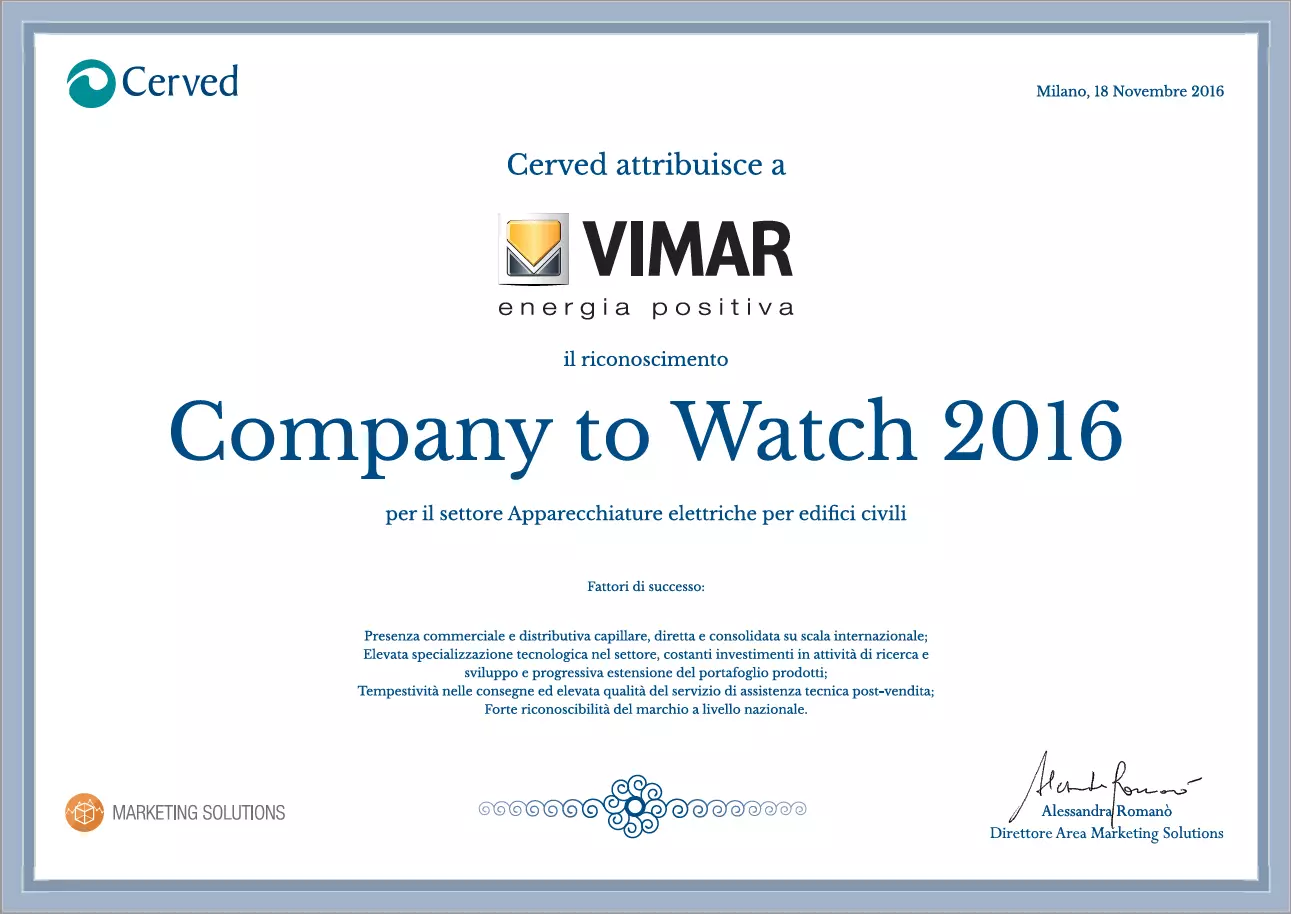Vimar riconoscimento Company to Watch 2016